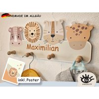 Kindsblick Kindergarderobe Safari Mit Wunschname Incl. Gratis - Poster/Personalisierte Garderobe Babyzimmer Deko Hakenleiste Beige von Kindsblick