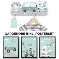 Kindsblick Wildcars Kindergarderobe in Mintgrün Inkl. Din A4 Posterset | Kinderzimmerset Wandtattoo |Babyzimmer Geschenkidee Babyparty von Kindsblick
