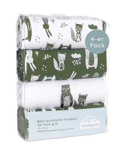 Kindsgard Molton-Spucktücher „Handklad“ – Oliv – 4er-Pack aus 100 % Baumwolle – saugfähig, weich & vielseitig – 70x70 cm – waschbar & trocknergeeignet – Baby Spucktuch Set für Zuhause & unterwegs von Kindsgard