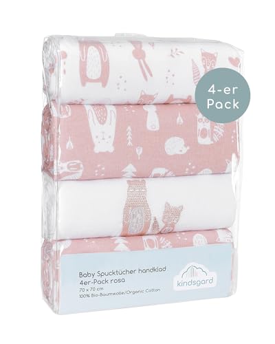 Kindsgard Molton-Spucktücher „Handklad“ – Rosa – 4er-Pack aus 100 % Baumwolle – saugfähig, weich & vielseitig – 70x70 cm – waschbar & trocknergeeignet – Baby Spucktuch Set für Zuhause & unterwegs von Kindsgard