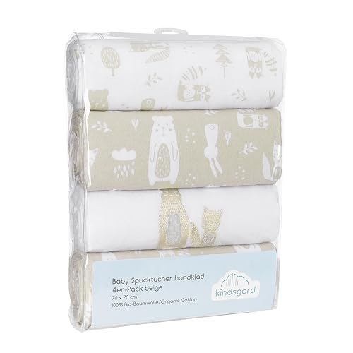 Kindsgard Molton-Spucktücher „Handklad“ – Beige – 4er-Pack aus 100 % Baumwolle – saugfähig, weich & vielseitig – 70x70 cm – waschbar & trocknergeeignet – Baby Spucktuch Set für Zuhause & unterwegs von Kindsgard