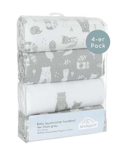 Kindsgard Molton-Spucktücher „Handklad“ – Grau – 4er-Pack aus 100 % Baumwolle – saugfähig, weich & vielseitig – 70x70 cm – waschbar & trocknergeeignet – Baby Spucktuch Set für Zuhause & unterwegs von Kindsgard
