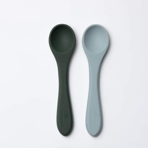 kindsgard Babybesteck aus Silikon - Gabel & Löffel Set "silaet" oder 2er Set "sililske", BPA-frei, weich, LFGB-zertifiziert, spülmaschinengeeignet, ergonomisch, in 6 Farben (2er Löffel - Oliv/Mint) von Kindsgard