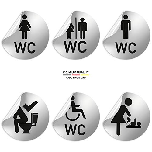 Kinekt3d Leitsysteme Folienschild Schild - D = 100 mm PVC Silber - Robuste Kratzfeste Folie - UV beständig - Perfekt für Glastüren und alle glatten Flächen (WC Toiletten Set 6 Stück (Design B)) von Kinekt3d Leitsysteme