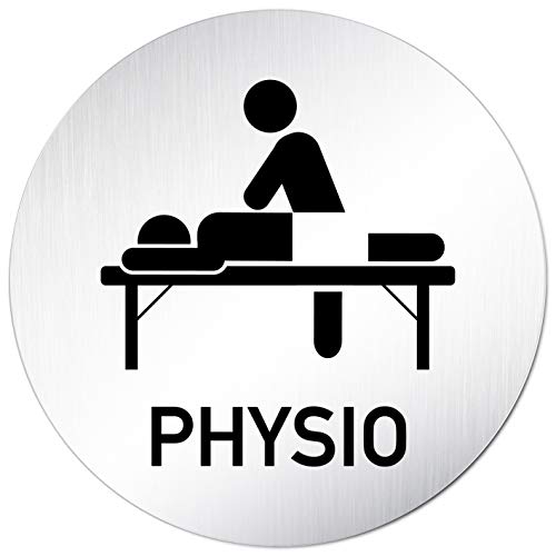 Kinekt3d Leitsysteme XXL Türschild • Ø 100 mm rund • Schild Physio + Liege Behandlung Massage • aus veredeltem Aluminium Vollmaterial (eloxiert) • geschliffene Edelstahloptik • 100% Made in Germany von Kinekt3d Leitsysteme