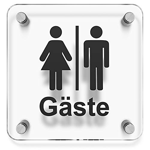 Türschilder24 WC Toiletten Wandschild/Türschild • Gäste - Gäste WC • 150 x 150mm. Schild besteht aus hochtransparentem 3mm Acrylglas. Inkl. 4 x Abstandshalter aus V2A Edelstahl von Türschilder24