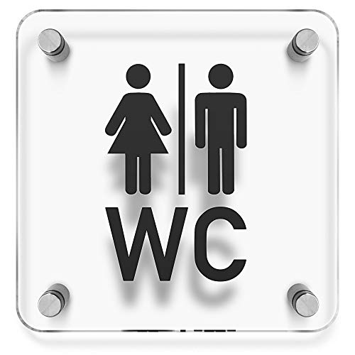 Türschilder24 WC Toiletten Wandschild/Türschild • WC + Toilettenpiktogramm • 150 x 150mm. Schild besteht aus hochtransparentem 3mm Acrylglas. Inkl. 4 x Abstandshalter aus V2A Edelstahl von Türschilder24