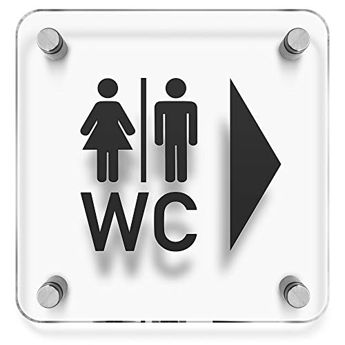 Türschilder24 WC Toiletten Wandschild/Türschild • WC Piktogramm + Pfeil - Wegweiser rechts • 150 x 150mm. Schild besteht aus 3mm Acrylglas. Inkl. 4 x Abstandshalter aus V2A Edelstahl von Türschilder24