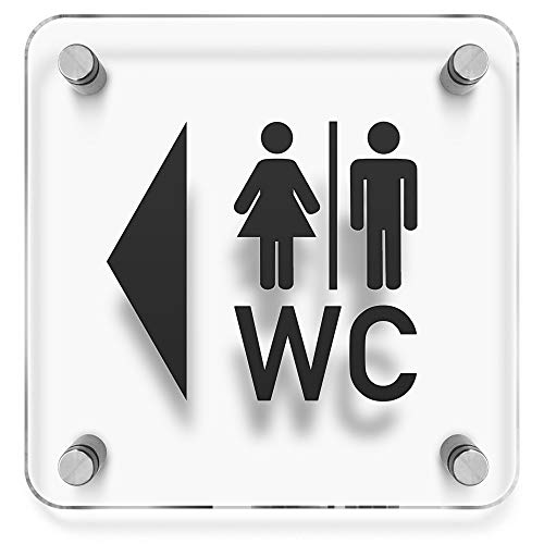 Türschilder24 WC Toiletten Wandschild/Türschild • WC Piktogramm + Pfeil - Wegweiser Links • 150 x 150mm. Schild besteht aus 3mm Acrylglas. Inkl. 4 x Abstandshalter aus Edelstahl von Türschilder24