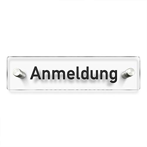 Türschilder24 Wandschild/Türschild • Anmeldung • 200 x 50mm. Schild besteht aus hochtransparentem 3mm Acrylglas. Inkl. 2 x Abstandshalter aus V2A Edelstahl von Türschilder24