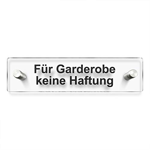 Türschilder24 Wandschild/Türschild • Für Garderobe Keine Haftung • 200 x 50mm. Schild besteht aus hochtransparentem 3mm Acrylglas. Inkl. 2 x Abstandshalter aus V2A Edelstahl von Türschilder24