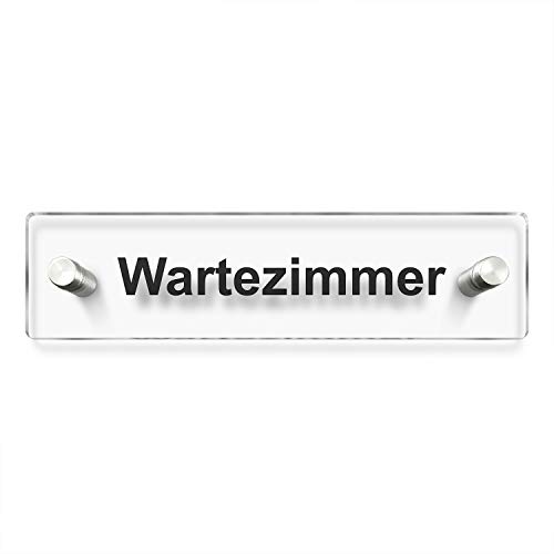 Türschilder24 Wandschild/Türschild • Wartezimmer - Praxisschild • 200 x 50mm. Schild besteht aus hochtransparentem 3mm Acrylglas. Inkl. 2 x Abstandshalter aus V2A Edelstahl von Türschilder24