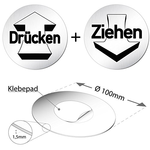 Türschilder24 XXL Türschild • Ø 100 mm rund • Schild Set Drücken & Ziehen • aus veredeltem Aluminium Vollmaterial • geschliffene Edelstahloptik • 100% Made in Germany von Türschilder24