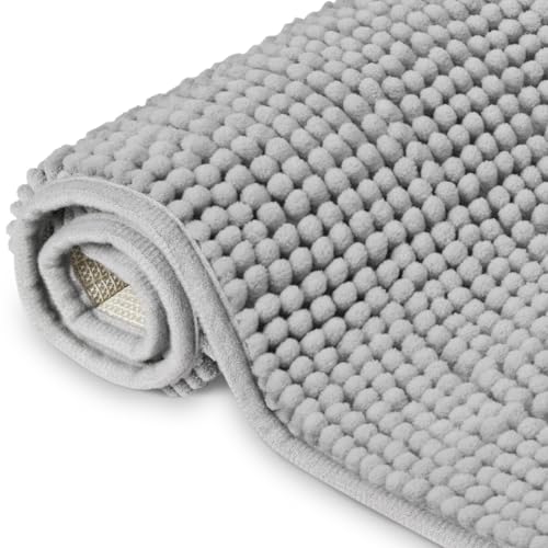 Chenille Badematte, 40 x 60 cm Rutschfest Badezimmerteppich Weich, Badteppich Saugfähige, Waschbare Badteppich, Saugfähig Duschvorleger, Maschinenwaschbar, für Badezimmer, Zimmer (Hellgrau) von KineticKraft