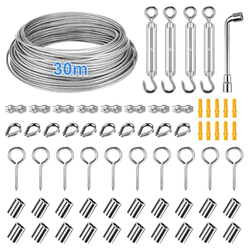 Kinfezlon 30m Drahtseil, 304 Edelstahl Drahtseil Spanndraht, Drahtseil Edelstahl Set, Stahlseil Ummantelt, Stahlseil mit Ösen, Seilspanngarnitur für String Light Suspension, Wäscheleine, Gardinenseil von Kinfezlon