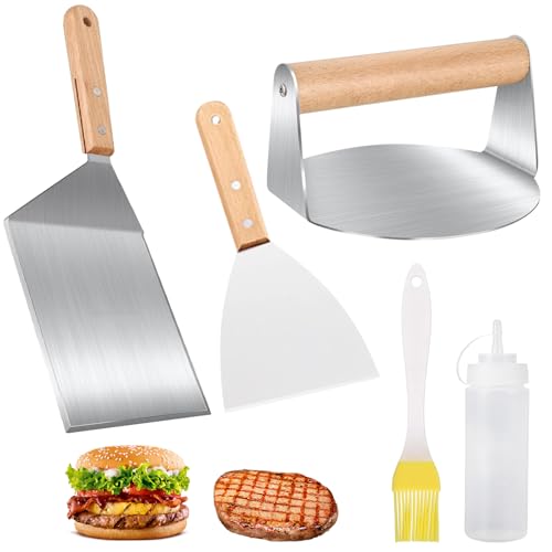 Kinfezlon Smash Burger Set, 5-TLG Burger Smasher Set, 1 Smash Burger Presse, 2 Grillspatel aus Edelstahl, 1 Gewürzflasche und 1 Silikonbürste, Burgerpresse Grill für Plancha Gasgrill Teppanyaki von Kinfezlon