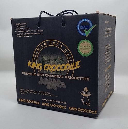 King Crocodile Kokosnuss Kohle mit Langer Brenndauer I Eierkohlen I Grillkohle I wenig Asche I geringe Rauchentwicklung I Nachhaltige Naturkohle I Grillkohle in Profi Qualität I 3 kg von King Crocodile