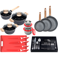 KING Topf-Set ""ESSENTIAL" Aluminium, Induktion, Antihaftbeschichtung", Aluminiumguss, (Set, 51 tlg., 2 Töpfe, 1 Stieltopf, 3 Glasdeckel, 1 Besteck-Set + Etui), 3 Pfannen, 4 Küchenmesser, 1 Schneidebrett, 3 Vorratsdosen mit Deckel von King