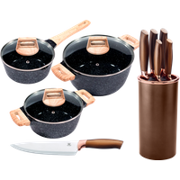 KING Topf-Set ""ESSENTIAL" Aluminiumguss, Induktion, Antihaftbeschichtung", Aluminiumguss, (Set, 11 tlg., 2 Töpfe, 1 Stieltopf, 3 Glasdeckel), inkl. 5 Küchenmesser, 1 Messerblock von King