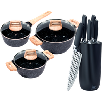 KING Topf-Set ""ESSENTIAL" Aluminiumguss, Induktion, Antihaftbeschichtung", Aluminiumguss, (Set, 12 tlg., 2 Töpfe, 1 Stieltopf, 3 Glasdeckel), inkl. 5 Küchenmesser, 1 Messerblock von King