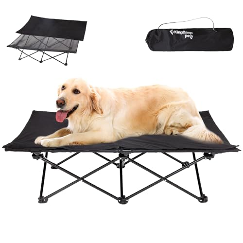 KingCamp Erhöhtes Hundebett Hundeliege Outdoor Haustierbett Haustierliege Atmungsaktivem Mesh & Wildledermatte & Rutschfesten Füßen für Reisen Garten Outdoor Indoor, Schwarz 126 x 66 x 33 cm von KingCamp