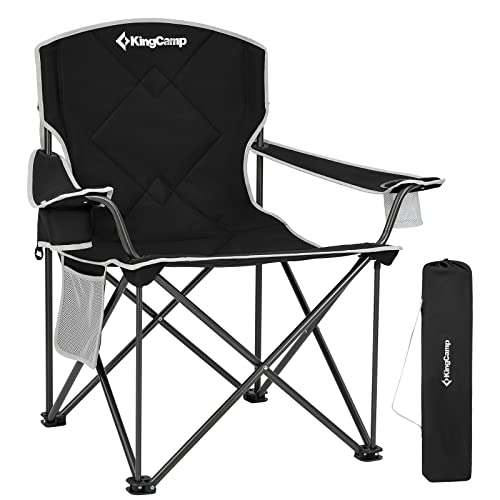 KingCamp Übergroße, strapazierfähige, Faltbare Camping-Stühle, XL, für Erwachsene, tragbare, gepolsterte Armstühle, unterstützt 150 kg, mit Tasche und Getränkehalter für Rasensport, Angeln, Schwarz von KingCamp