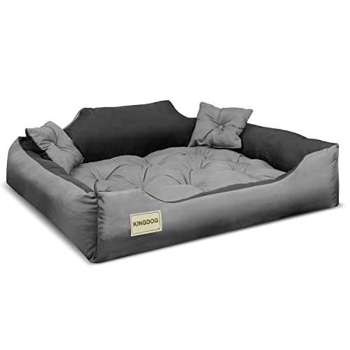 KingDog Hunde- und Katzenbett aus Mikrofaser mit Zwei Kissen Hundekissen Hundekorb Haustierbett Waschbar Wasserdichtes Material (Innenmaße: 60x50cm / Außenmaße: 75x65cm, Grau/schwarz) von KingDog