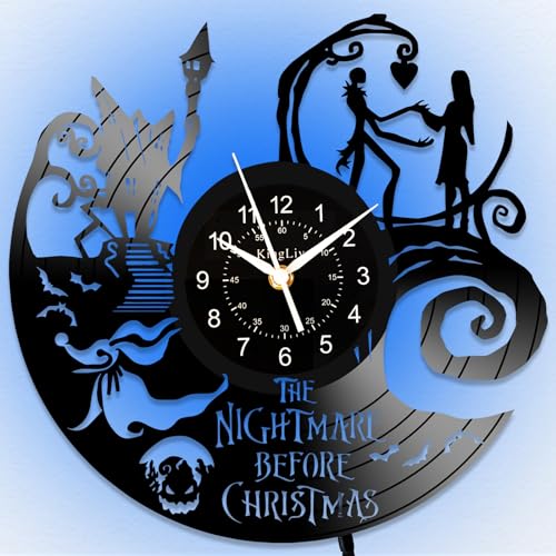 KingLive Christmas Nightmare Themed Wall Clock, Vinyl-Schallplatten-Uhr, 12 Zoll LED-Nachtlicht-Uhren, Weihnachts-Wand-Kunst-Dekoration, 7 Farben leuchtende Geschenke für Jack und Sally Liebhaber von KingLive