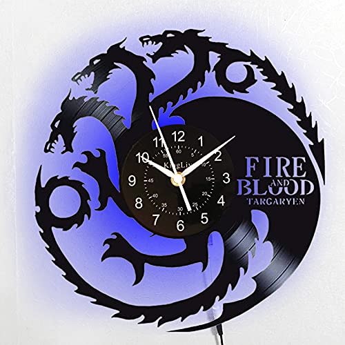 KingLive Game of Thrones Wanduhr 3D Dragon Design Geburtstagsgeschenke Vinyl Schallplatte Dekoration Geschenke für Game of Thrones-Fans, Mann（Mit LED 7 Farben） von KingLive