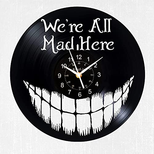 KingLive Vinyl-Wanduhr, Alice im Wunderland, Grinsekatze Lächeln, klassische Retro-Musik-Schallplatten-Dekoration, Kindergeburtstagsgeschenk, "We're All Mad Here" von KingLive