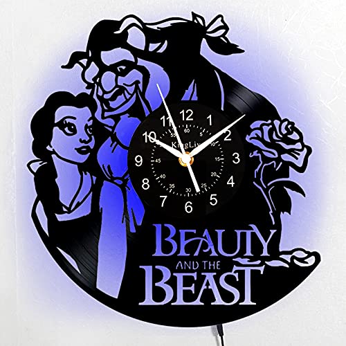 KingLive Wanddekoration Disney-Prinzessin Belle Beauty and The Beast Vinyl-Wanduhr mit 7 farbigen LED-Lichtern, kreatives Kunstgeschenk für Mädchen und Frauen dekoriert das Schlafzimmer Kinderzimmer von KingLive