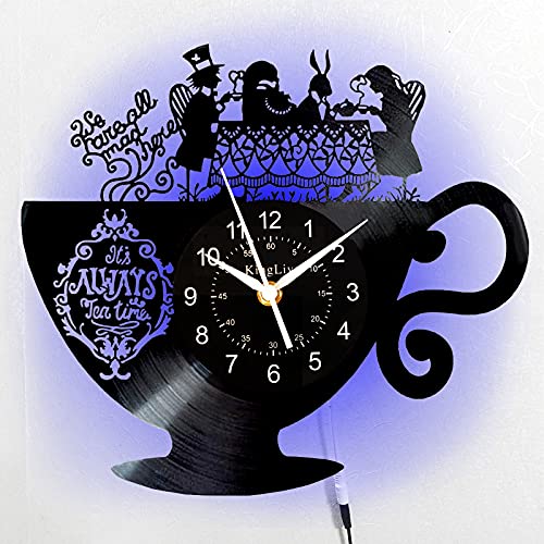 KingLive Wanduhr aus Vinyl Alice im Wunderland 3D-Teeset Vintage-Wanddekoration LED-Nachtlicht Vinyl-Uhr Dekoration Geschenke für Party Kinderzimmer Wohnzimmer Schlafzimmer Küche von KingLive