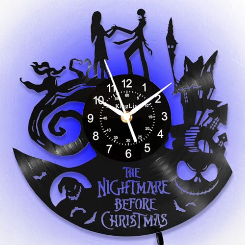 KingLive The Nightmare Before Christmas Schallplatte Wanduhr-Disney Schmücken, Retro Musik Schallplatten Wanddekor, kreatives Geschenk, Halloween, Sally & Jack Skellington（Mit LED） von KingLive