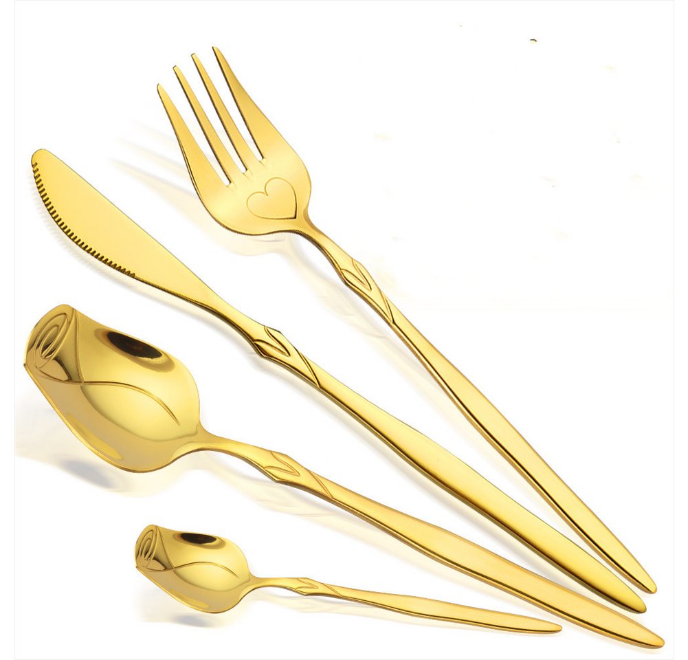 KingLux Besteck-Set 24 Teilig Gold Essbesteck Set blütenförmiges Design Spiegelpoliert (24-tlg), 6 Personen, Edelstahl von KingLux