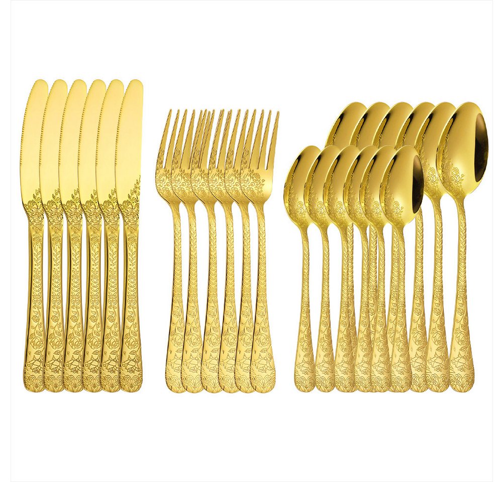 KingLux Besteck-Set 24teilig Gold Essbesteck Set mit Messer Gabel Löffel Spülmaschinenfest (24-tlg), 6 Personen, Edelstahl von KingLux