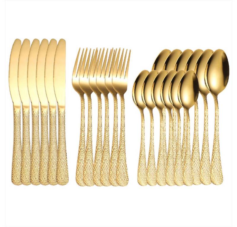 KingLux Besteck-Set 24teilig Hammered Besteck Set glänzend Essbesteck für 6 Personen (24-tlg), 6 Personen, Edelstahl von KingLux