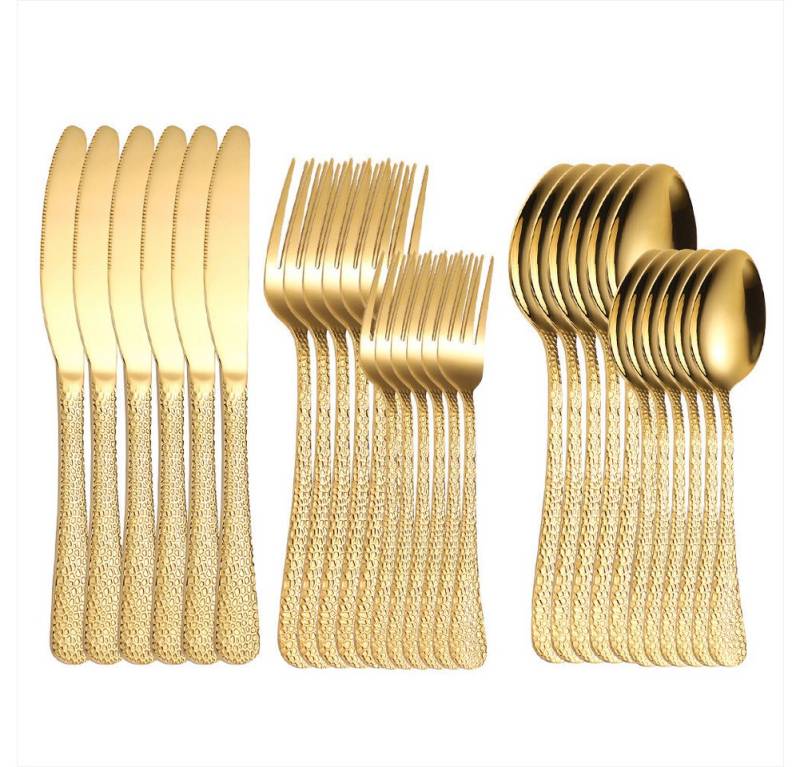 KingLux Besteck-Set 30teilig Hammered Besteck Set Gold Essbesteck für 6 Personen (30-tlg), 6 Personen, Edelstahl von KingLux