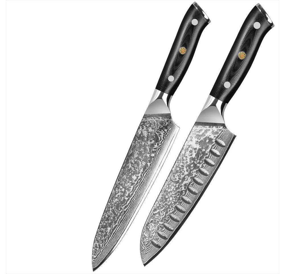 KingLux Damastmesser 2tlg. Damast Küchenmesser Set Damaststahl Santoku Chefmesser von KingLux