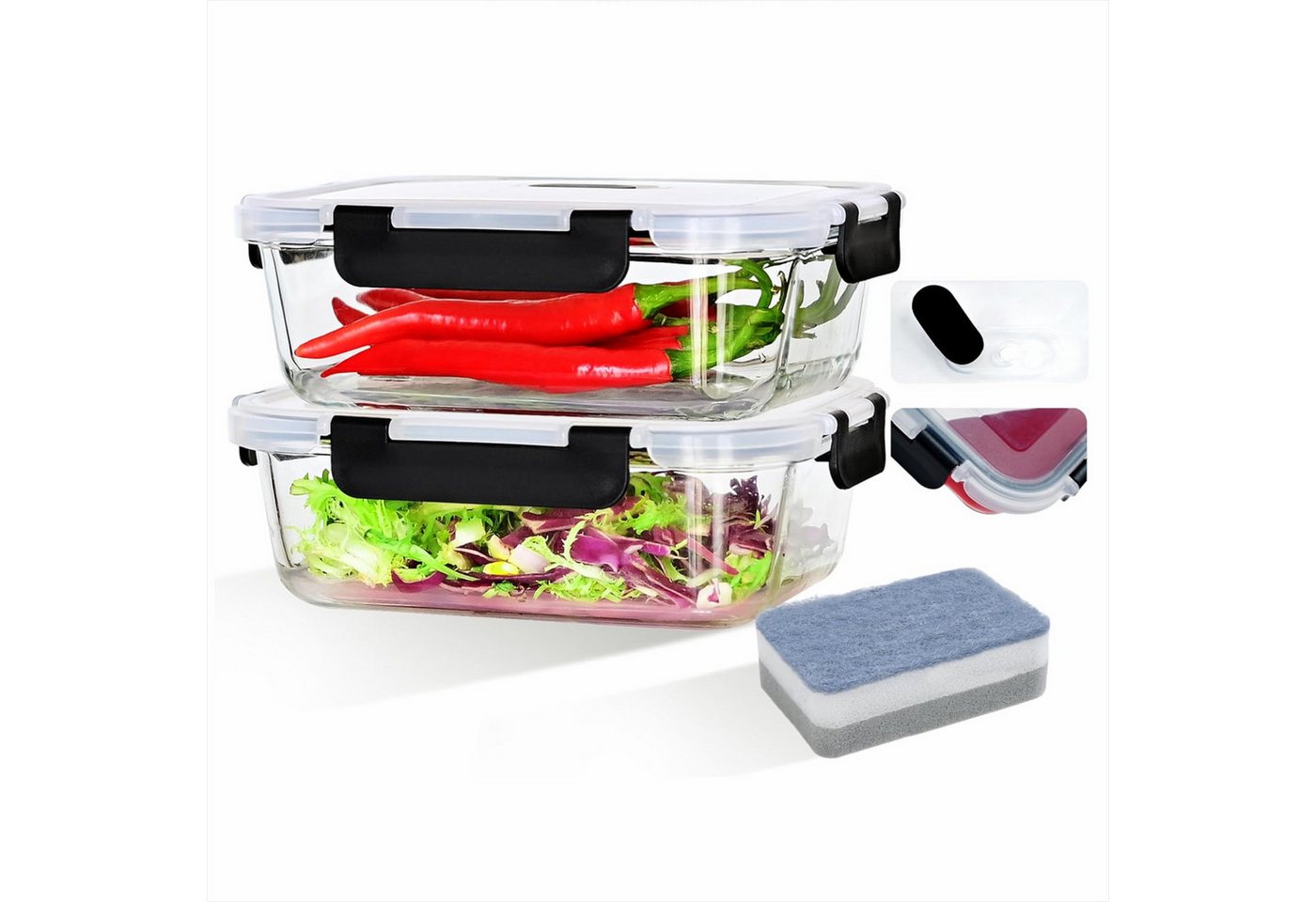 KingLux Frischhaltedose 2Stk. 1040ml Glasbehälter Mit Deckel, tragbar Meal Prep Container, Borosilikatglas, (2-tlg) von KingLux