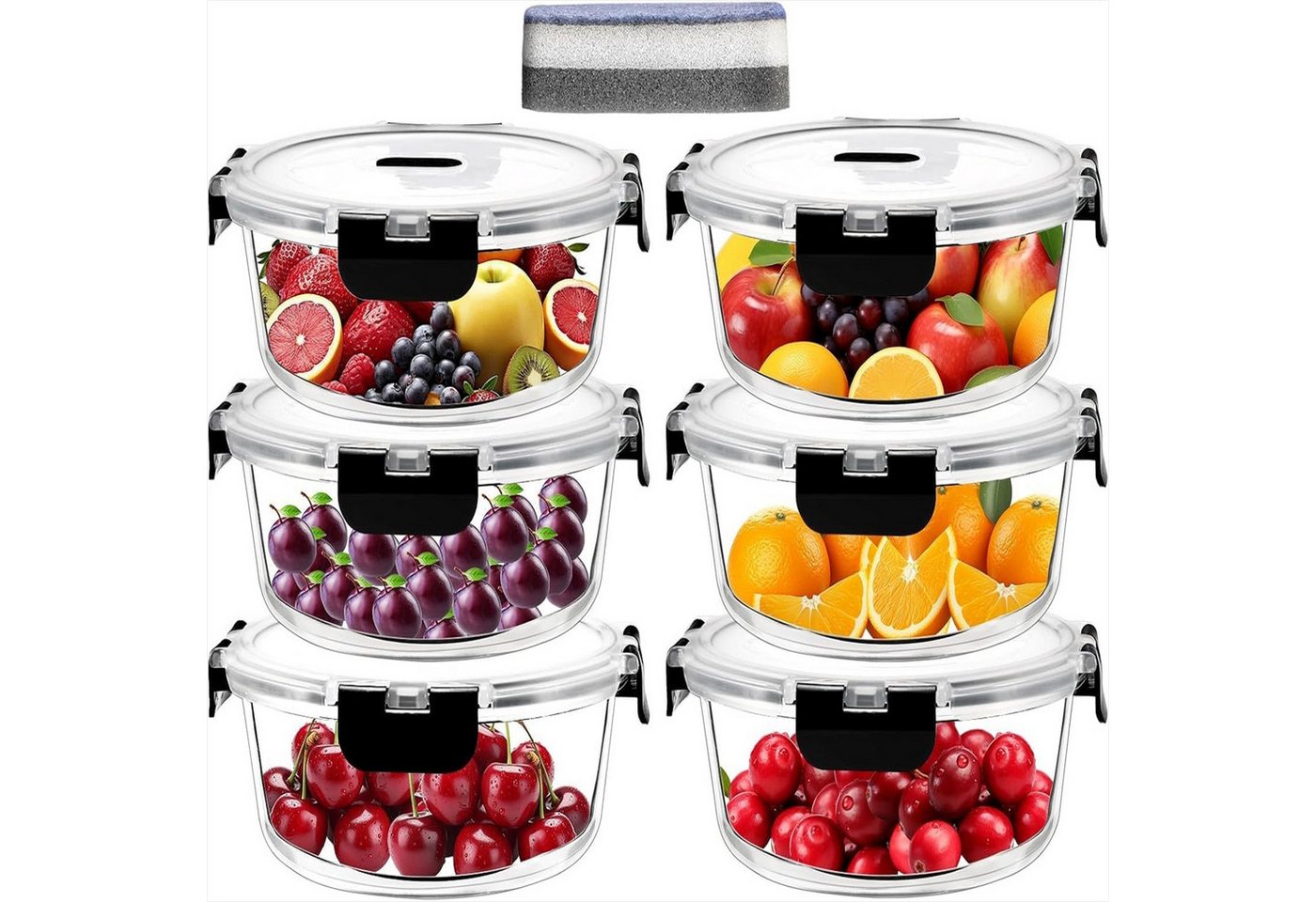 KingLux Frischhaltedose 6Stk.Glasbehälter mit Deckel,950ml Vorratsdosen,Rund Mealprepboxen, Borosilikatglas, (6-tlg) von KingLux