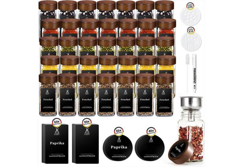 KingLux Gewürzbehälter 35Stk.Gewürzdosen Mit 200 Gewürzetiketten,Gewürzgläser Eckig -Set, Borosilikatglas+Akazienholz, (35-tlg) von KingLux