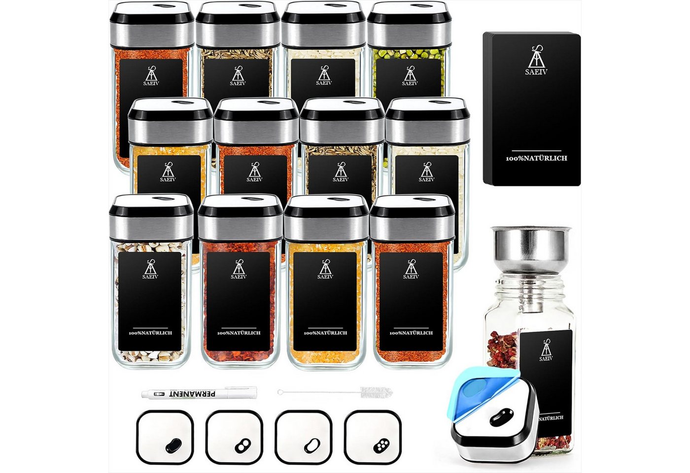 KingLux Gewürzbehälter 360° Rotation 120ml Gewürzgläser Eckig Set, Drei Kaliber, borosilikatglas, (Set, 12-tlg) von KingLux