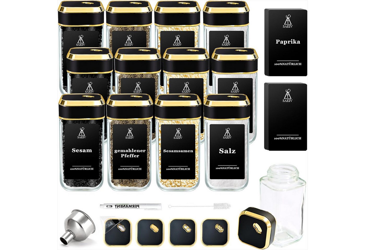 KingLux Gewürzbehälter 360° Rotation 120ml Gewürzgläser Eckig Set, Drei Kaliber, borosilikatglas, (Set, 12-tlg) von KingLux