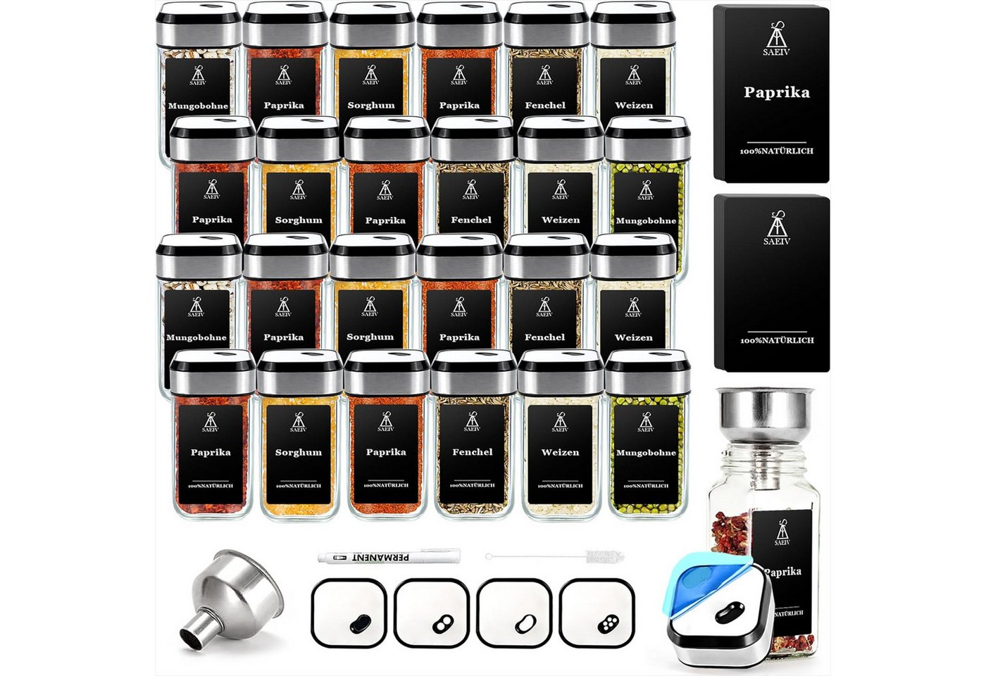 KingLux Gewürzbehälter 360° Rotation 120ml Gewürzgläser Eckig Set, Drei Kaliber, borosilikatglas, (Set, 24-tlg) von KingLux