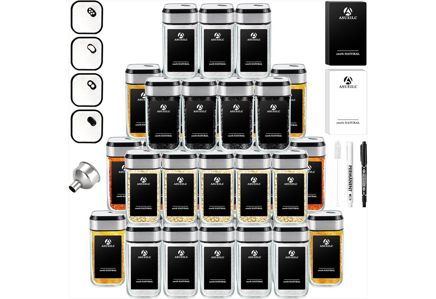 KingLux Gewürzbehälter 360° Rotation 120ml Gewürzgläser Eckig Set, Drei Kaliber, borosilikatglas, (Set, 35-tlg) von KingLux