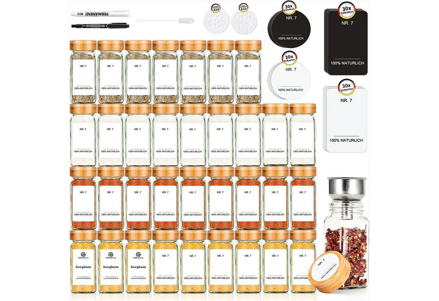 KingLux Gewürzbehälter 360° Rotation 120ml Gewürzgläser Eckig Set, Drei Kaliber, borosilikatglas, (Set, 35-tlg) von KingLux