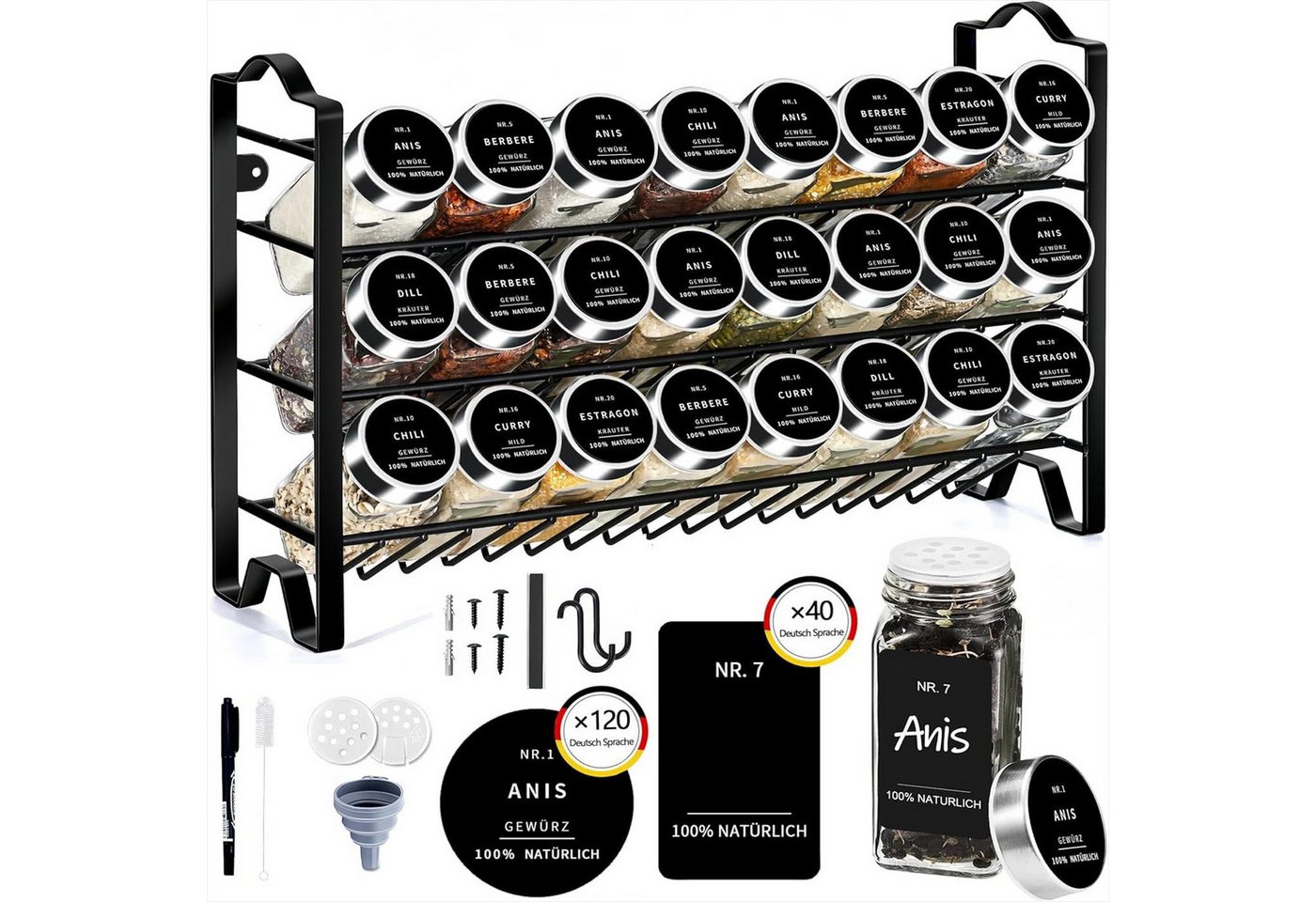 KingLux Gewürzregal 3 lagiger Metall Gewürzregal Stehend Wand mit 24 Gewürzgläser 120ml, 1-tlg. KingLux Gewürzregal 3 lagiger Metall Gewürzregal Stehend Wand mit 24 Gewürzgläser 120ml, 1-tlg. von KingLux