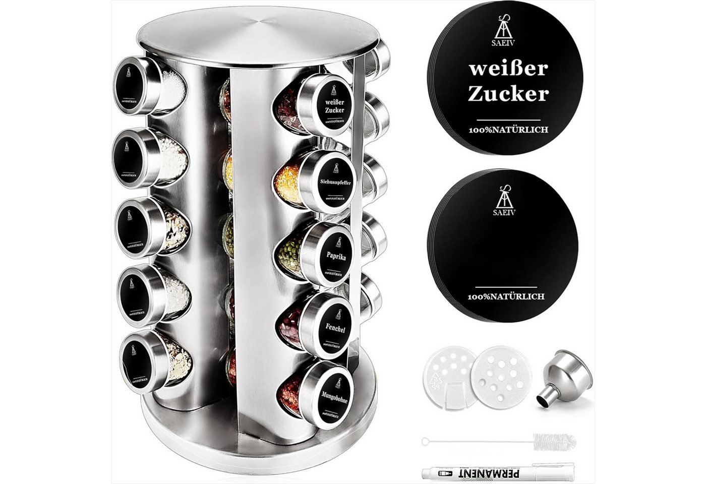 KingLux Gewürzregal 360° Rotation Fünflagig Gewürzregal Stehend mit 20Stk.Gewürzgläser, 1-tlg. von KingLux