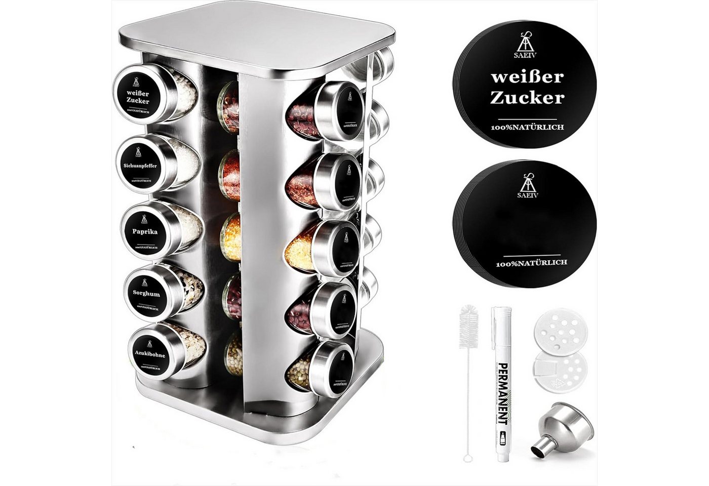 KingLux Gewürzregal Fünflagig Quadrat Gewürzregale Drehbar mit 20Stk.100ml-Gewürzgläser, 1-tlg. von KingLux