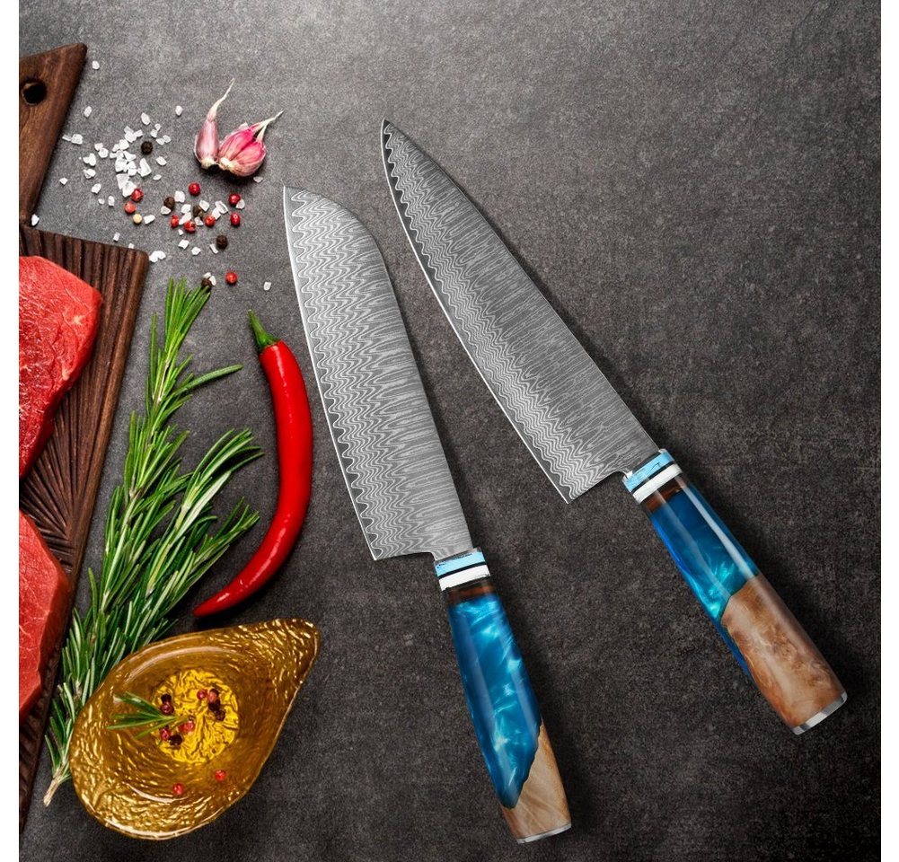 KingLux Messer-Set 2tlg.Damast-Küchenmesser Set mit Chefmesser Santokumesser (2-tlg) von KingLux